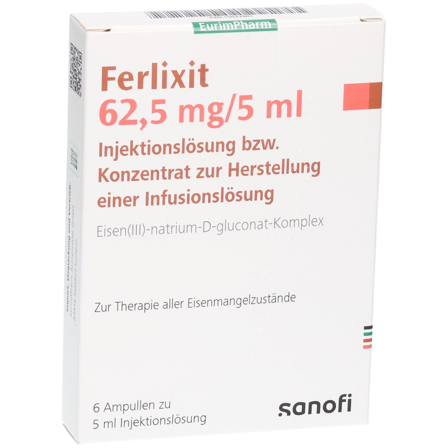 Ferlixit 62,5 mg/5 ml Injektionslösung: Vorderseite mit Produktname, Dosierung und Inhalt, Sanofi Logo.