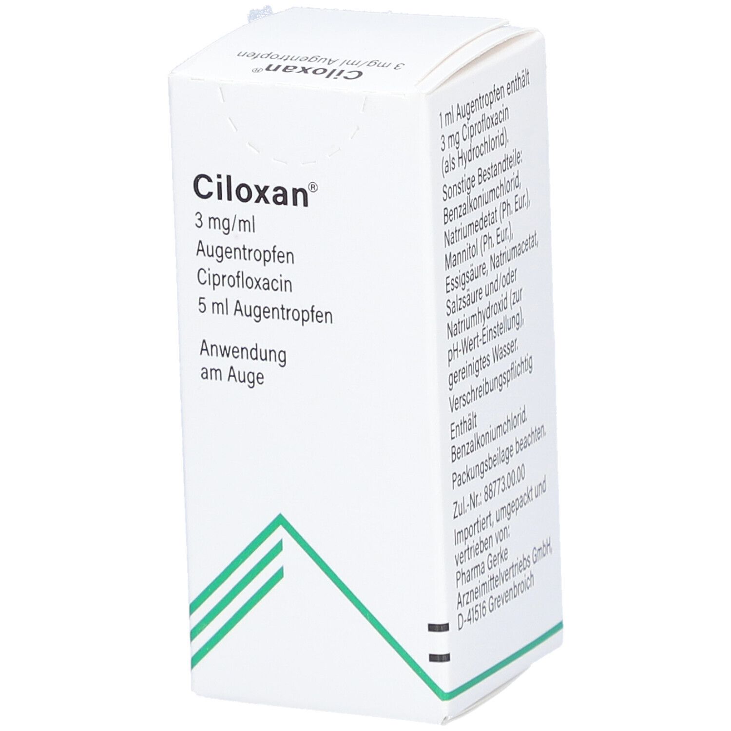 Weiße Faltschachtel mit grünen Akzenten. Aufschrift: CILOXAN 3 mg/ml Augentropfen, Ciprofloxacin, 5 ml. Anwendung am Auge.