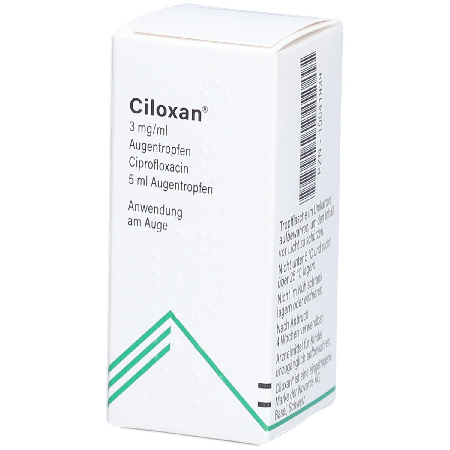 Weiße Faltschachtel mit grünen Akzenten. Aufschrift: CILOXAN 3 mg/ml Augentropfen, Ciprofloxacin, 5 ml. Anwendung am Auge.