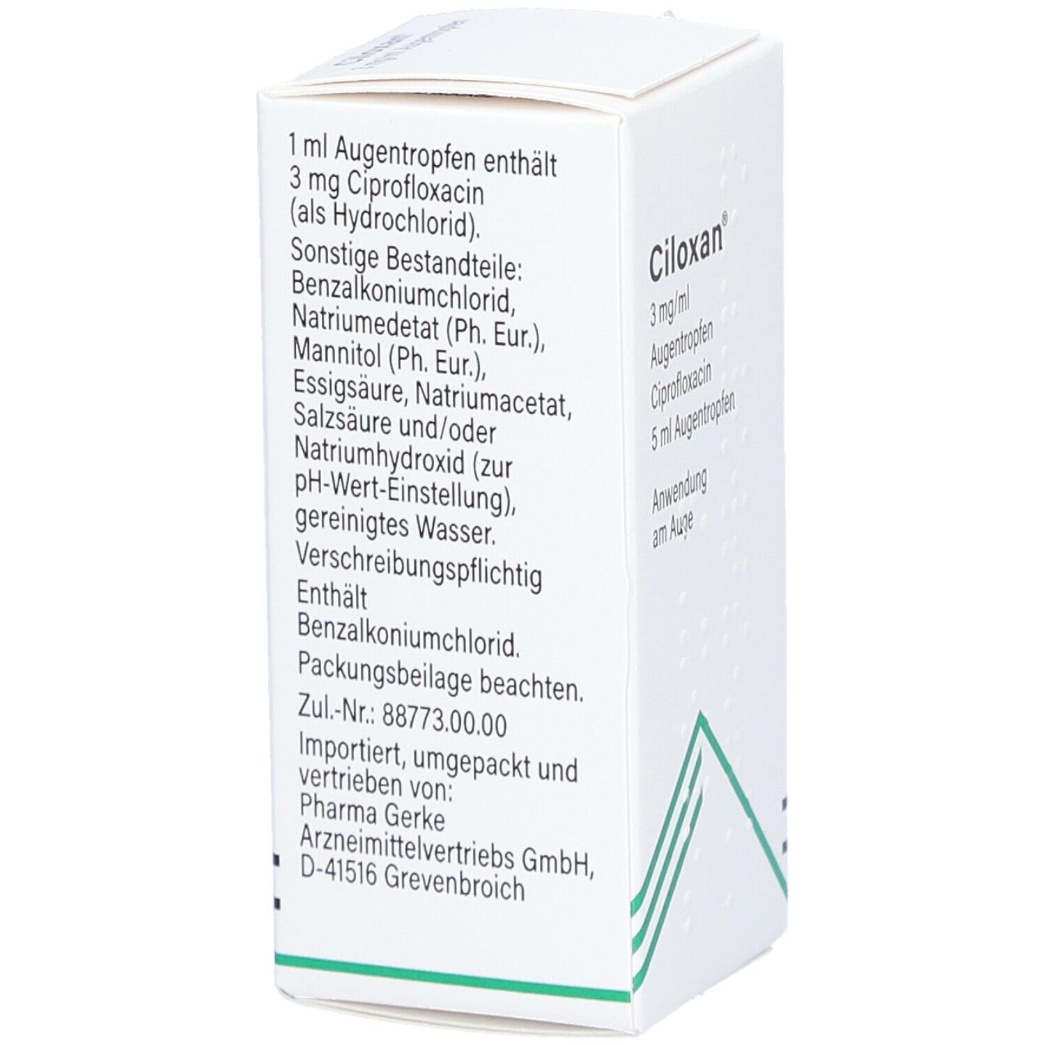 Weiße Faltschachtel mit Text. Text: 1 ml Augentropfen enthält 3 mg Ciprofloxacin. Sonstige Bestandteile. Herstellerinformationen.