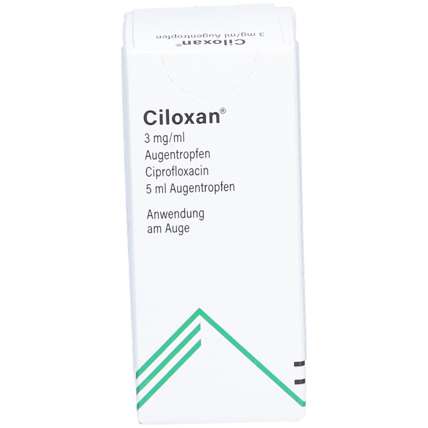 Geöffnete weiße Faltschachtel. Aufschrift: CILOXAN 3 mg/ml Augentropfen, Ciprofloxacin, 5 ml. Anwendung am Auge.