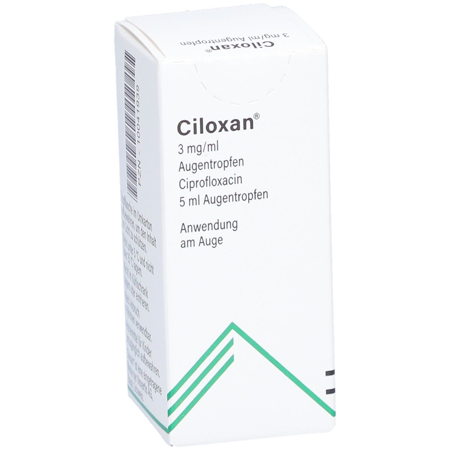 Weiße Faltschachtel mit Barcode. Aufschrift: CILOXAN 3 mg/ml Augentropfen, Ciprofloxacin, 5 ml. Anwendung am Auge.