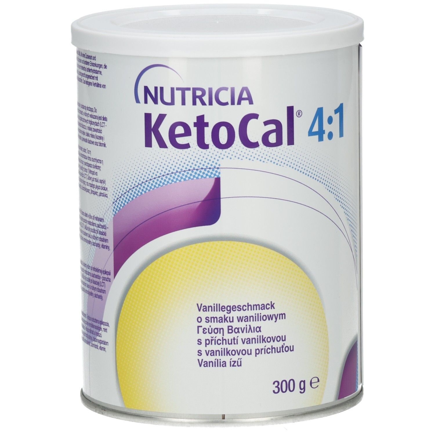 Weißes KETOcal 4:1 Pulver-Behältnis mit Deckel. Aufschrift: Nutricia, KETOcal 4:1, Vanillegeschmack. 300g.