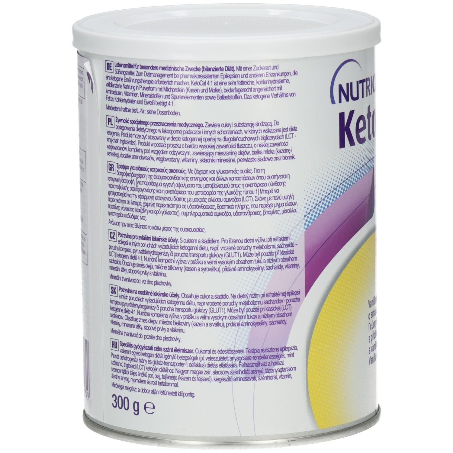 Rückseite der KETOcal 4:1 Dose. Mehrsprachige Textinformationen. 300g. Aufschrift: Nutricia.
