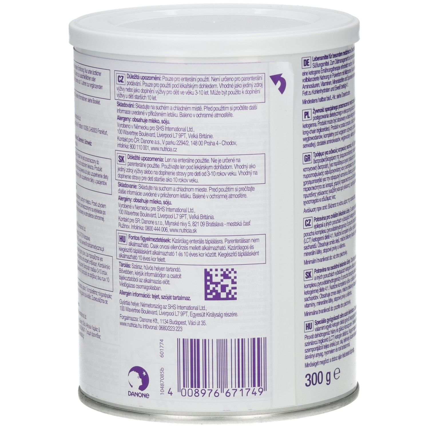 Rückseite der KETOcal 4:1 Dose. Mehrsprachige Textinformationen. 300g. Aufschrift: Nutricia.