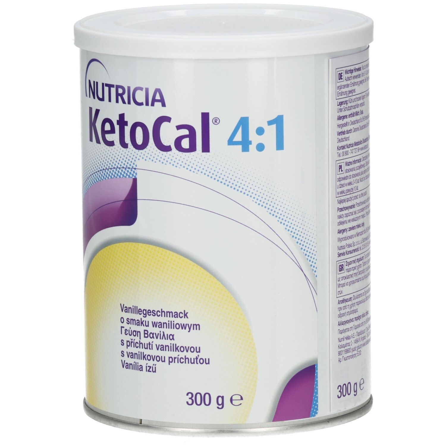 Weißes KETOcal 4:1 Pulver-Behältnis mit Deckel. Aufschrift: Nutricia, KETOcal 4:1, Vanillegeschmack. 300g.
