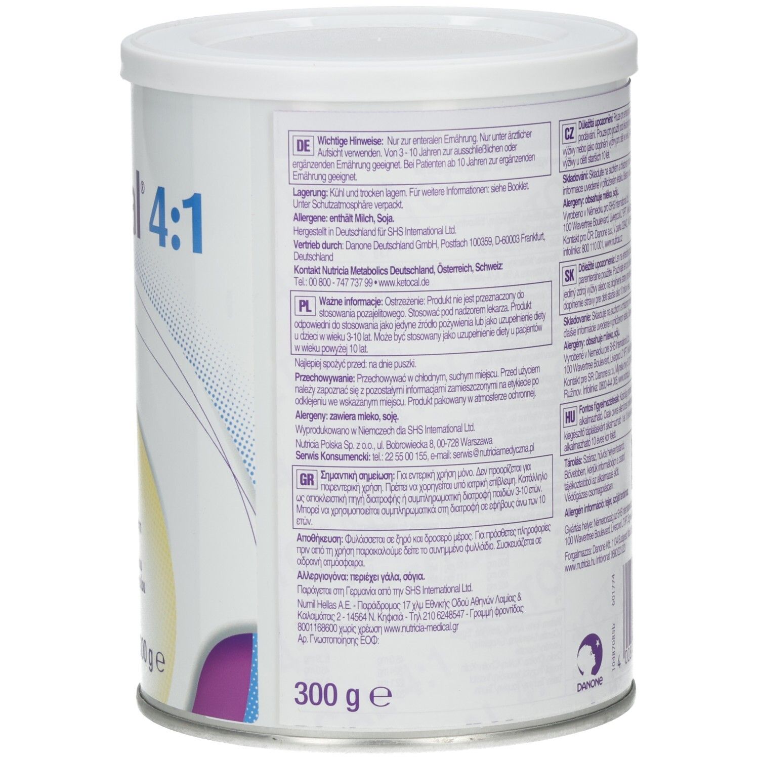 Weißes KETOcal 4:1 Pulver-Behältnis mit Deckel. Aufschrift: Nutricia, KETOcal 4:1, Vanillegeschmack. 300g.