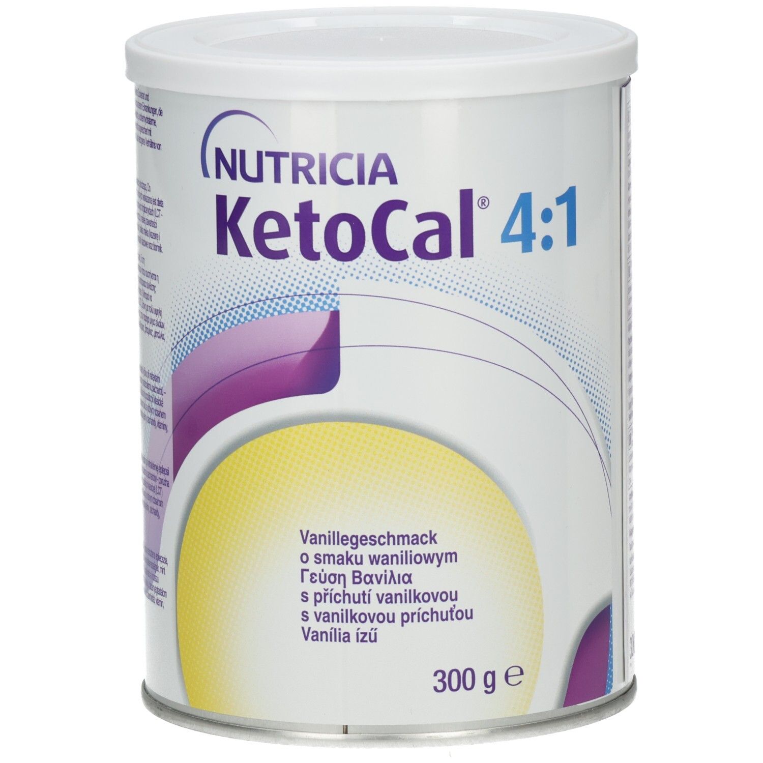 Weißes KETOcal 4:1 Pulver-Behältnis mit Deckel. Aufschrift: Nutricia, KETOcal 4:1, Vanillegeschmack. 300g.