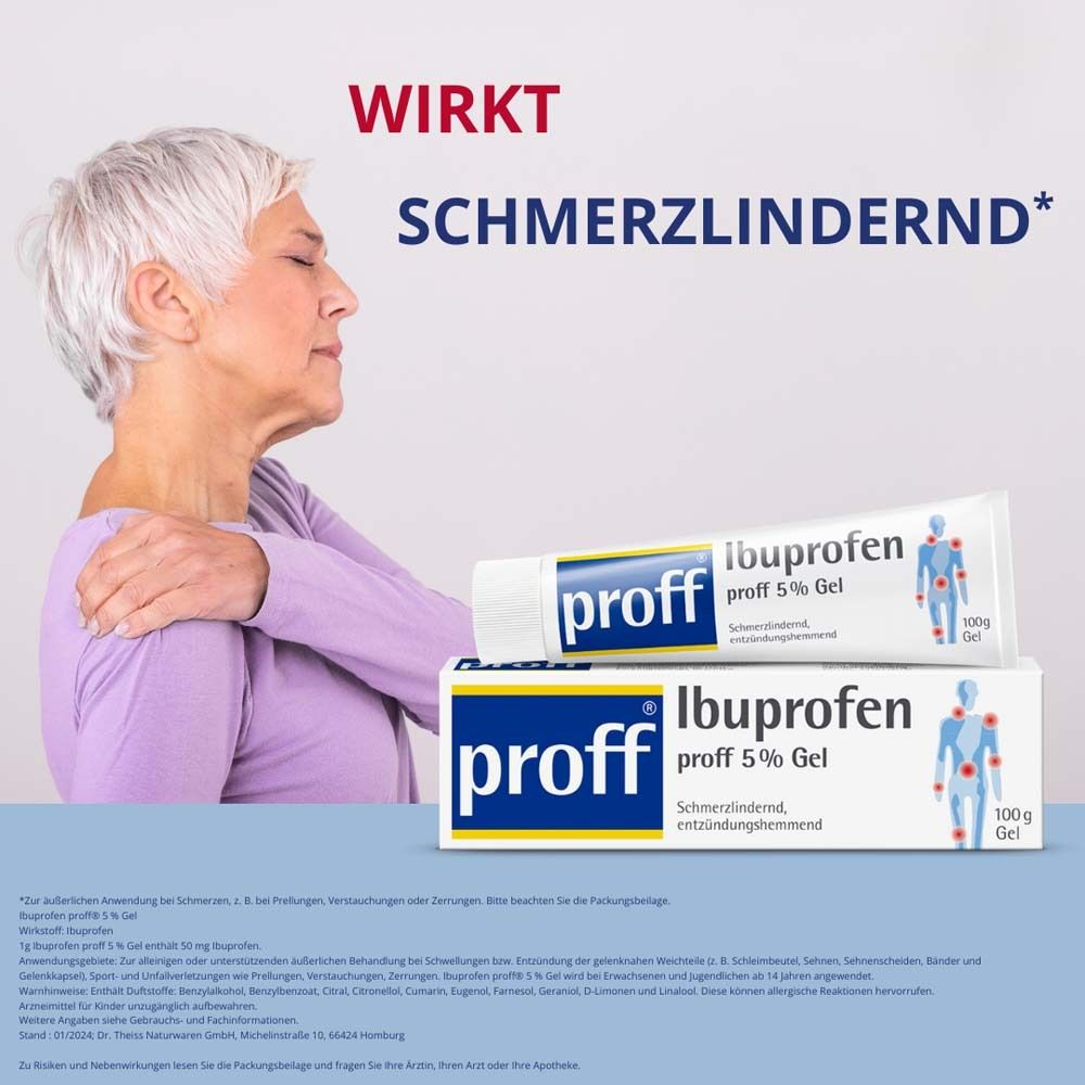 Frau mit Schulterschmerzen. Neben ihr: Tube und Schachtel "proff Ibuprofen 5% Gel". Text: "WIRKT SCHMERZLINDERND".