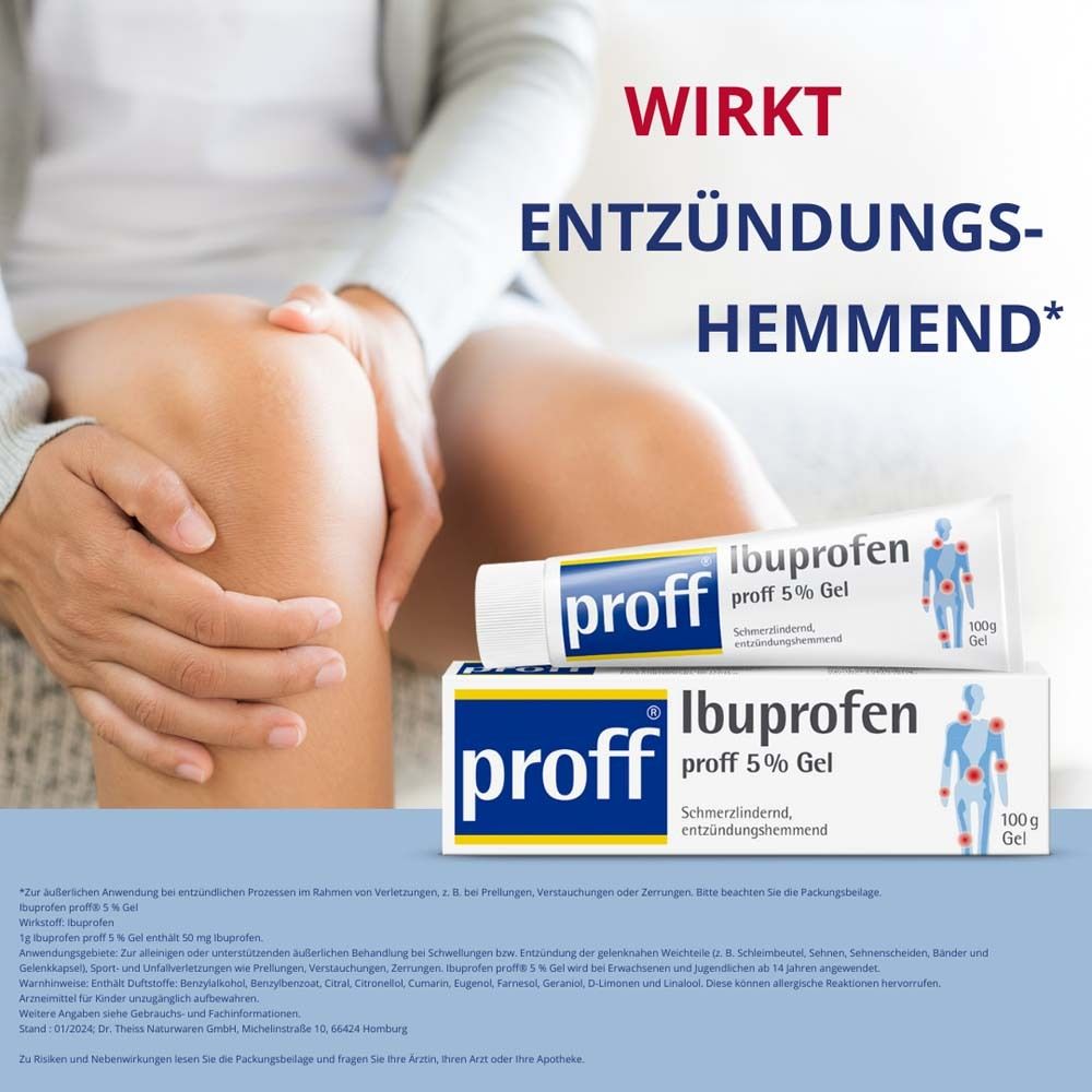 Nahaufnahme von Knien. Daneben: Tube und Schachtel "proff Ibuprofen 5% Gel". Text: "WIRKT ENTZÜNDUNGSHEMMEND".