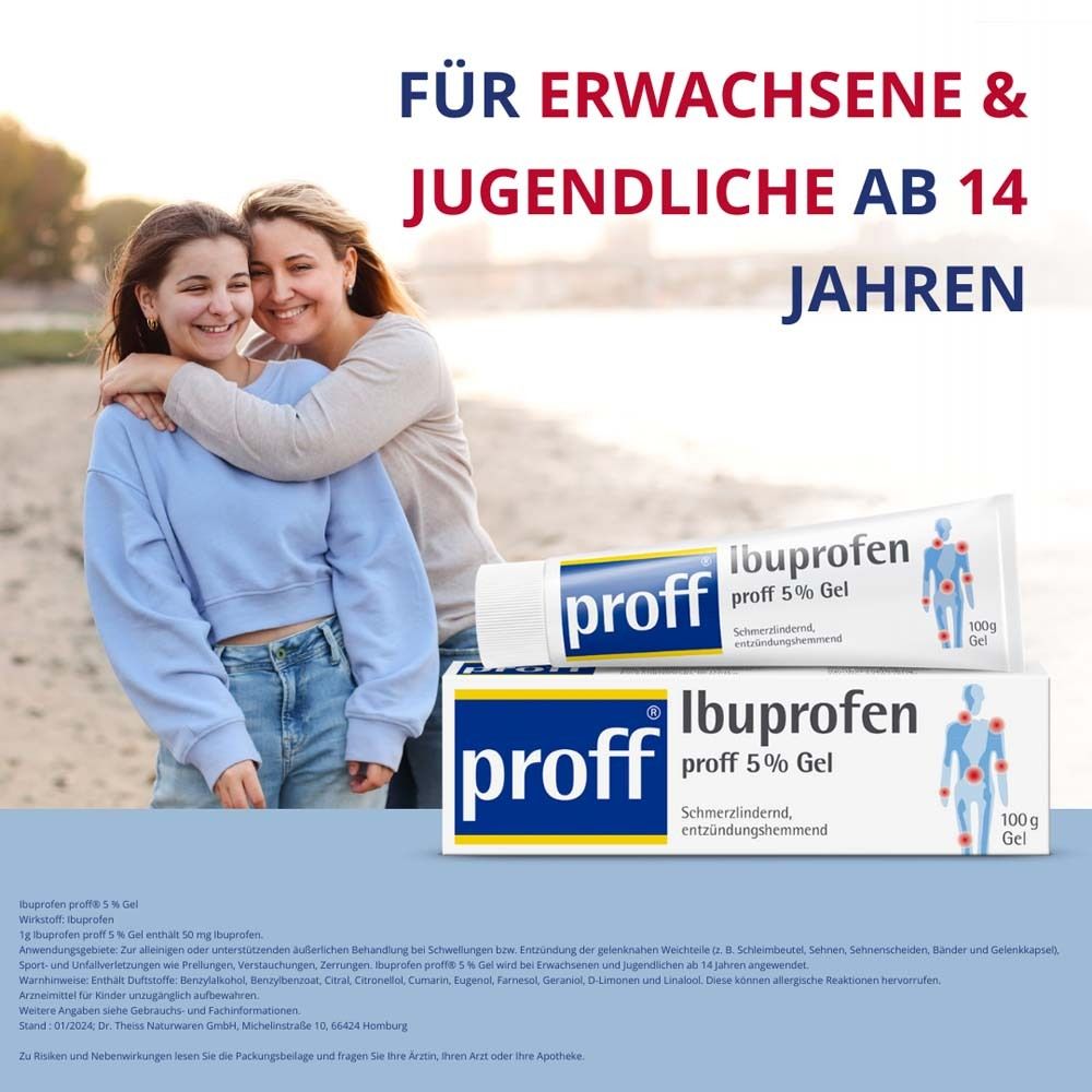Zwei Frauen umarmen sich am Strand. Daneben: Tube und Schachtel "proff Ibuprofen 5% Gel". Text: "FÜR ERWACHSENE & JUGENDLICHE AB 14 JAHREN".