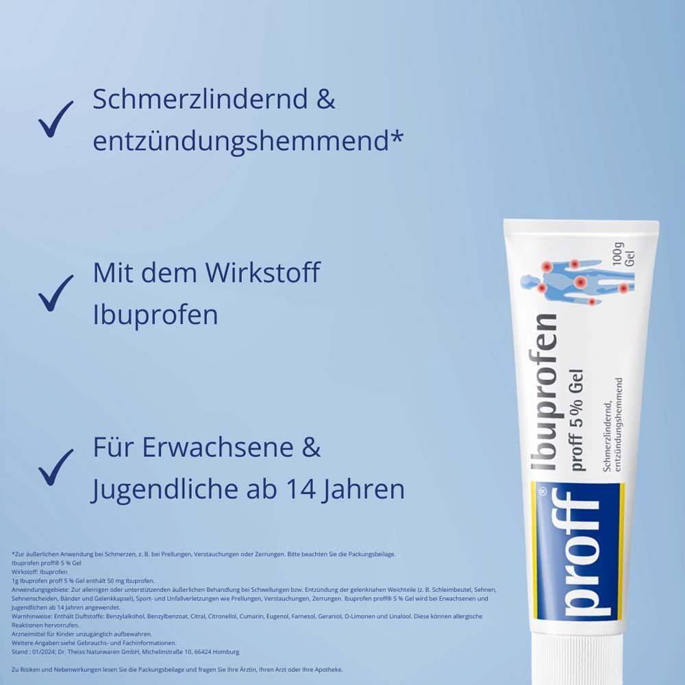 Tube "proff Ibuprofen 5% Gel" mit Texten: Schmerzlindernd, entzündungshemmend, mit Wirkstoff Ibuprofen, für Erwachsene & Jugendliche ab 14 Jahren.