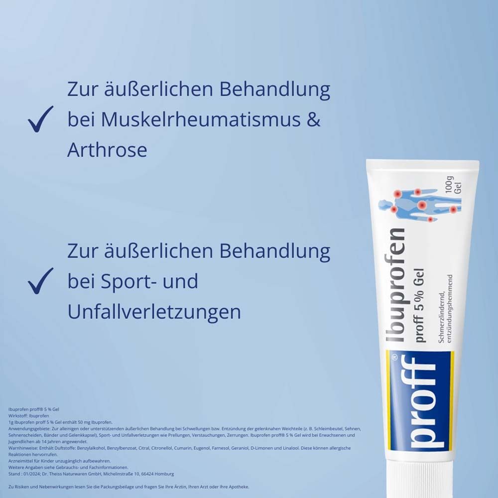Tube "proff Ibuprofen 5% Gel" mit Texten: Zur äußerlichen Behandlung bei Muskelrheumatismus & Arthrose, bei Sport- und Unfallverletzungen.