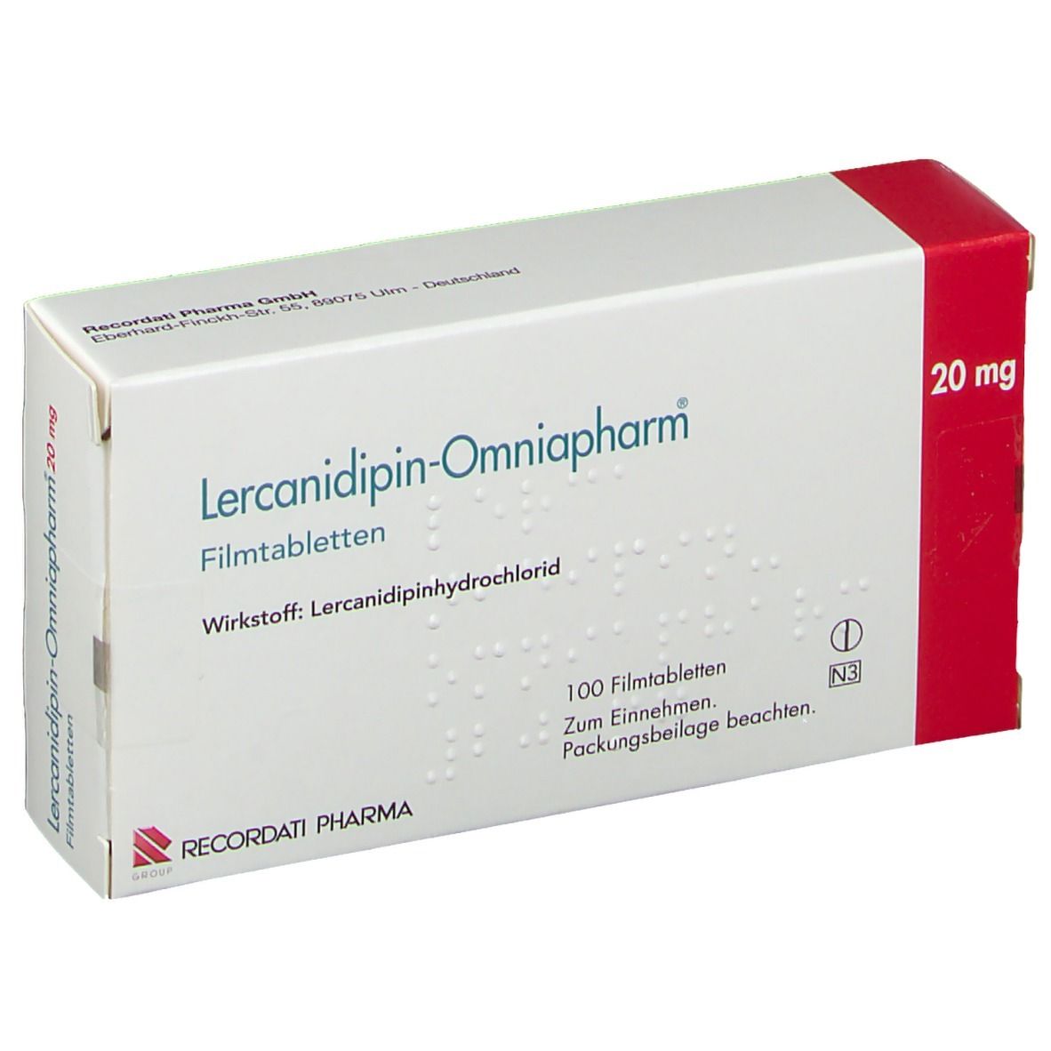 Weißer Karton mit rotem Akzent. Beschriftung: Lercanidipin-Omniapharm 20mg Filmtabletten. Enthält 100 Tabletten.