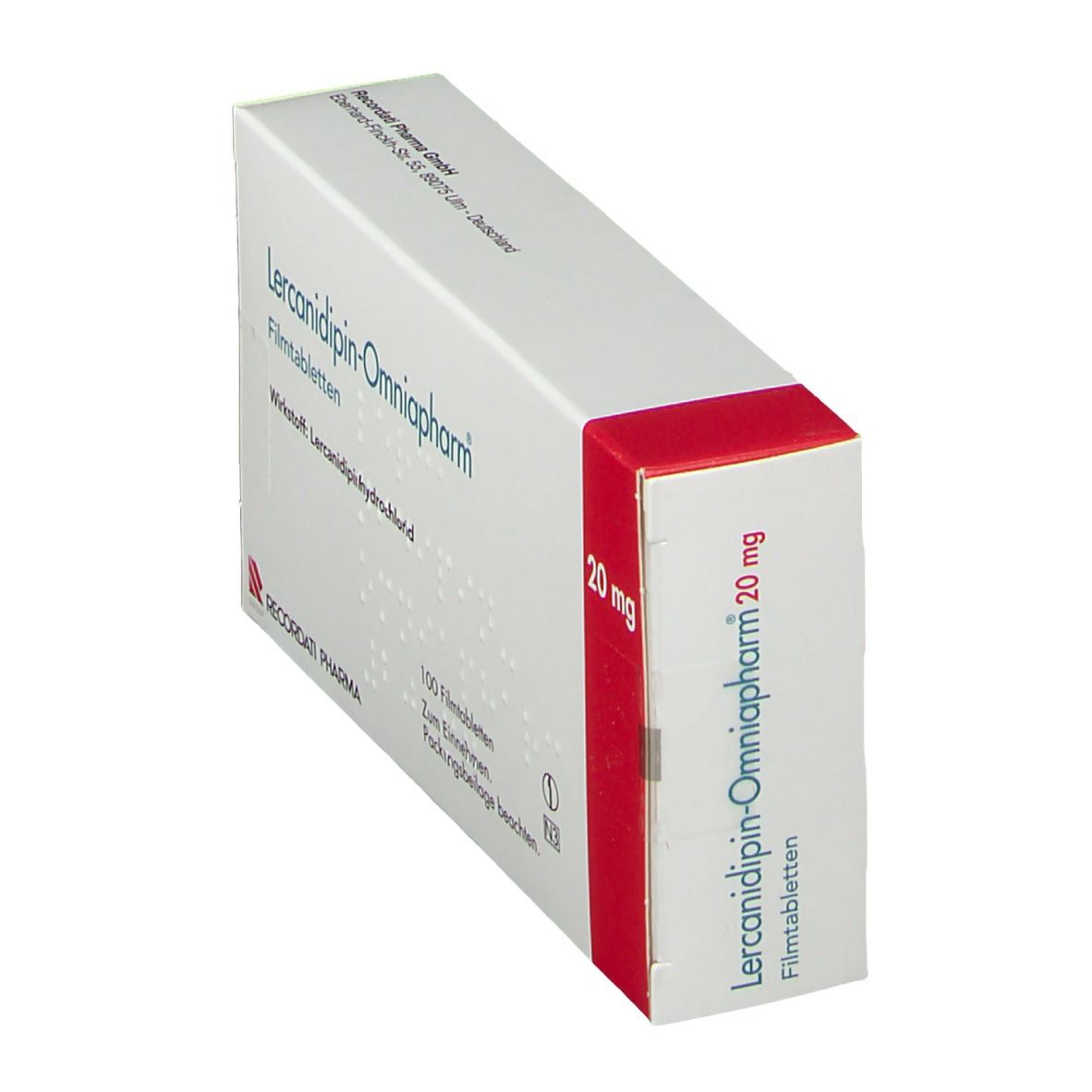 Schräg gestellte weiße Schachtel mit rotem Akzent. Beschriftung: Lercanidipin-Omniapharm 20mg Filmtabletten.