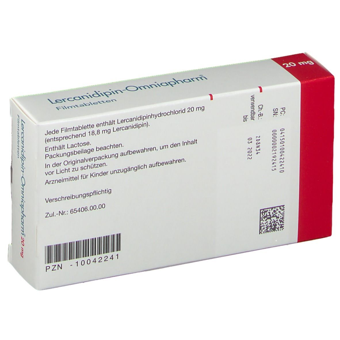 Rückseite der weißen Schachtel mit rotem Akzent. Beschriftung: Lercanidipin-Omniapharm 20mg Filmtabletten. Enthält Informationen.