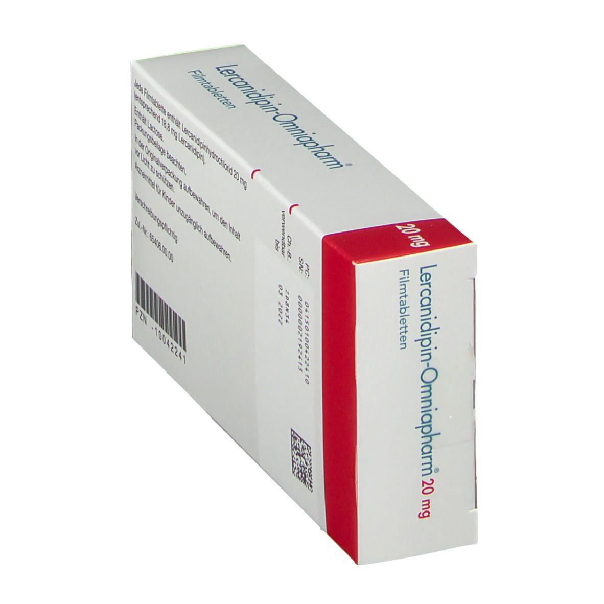 Schräg gestellte weiße Schachtel mit rotem Akzent. Beschriftung: Lercanidipin-Omniapharm 20mg Filmtabletten.