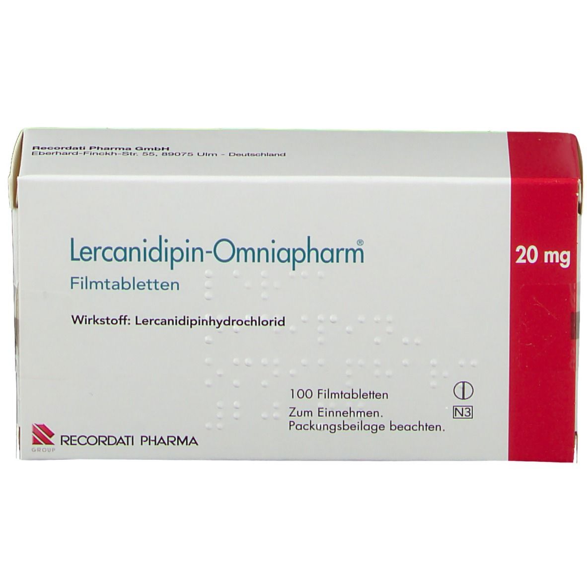Weiße Schachtel mit rotem Akzent. Beschriftung: Lercanidipin-Omniapharm 20mg Filmtabletten. Enthält 100 Tabletten.