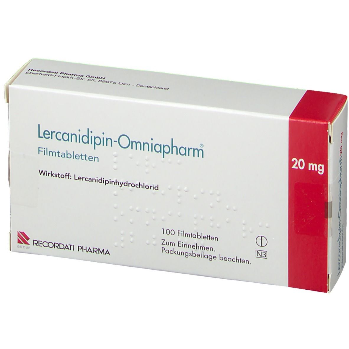 Weiße Schachtel mit rotem Akzent. Beschriftung: Lercanidipin-Omniapharm 20mg Filmtabletten. Enthält 100 Tabletten.
