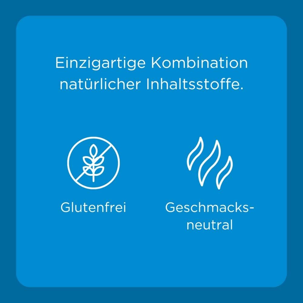 Blauer Hintergrund mit Symbolen. Text: Glutenfrei, Geschmacksneutral. Bronchobini Logo.