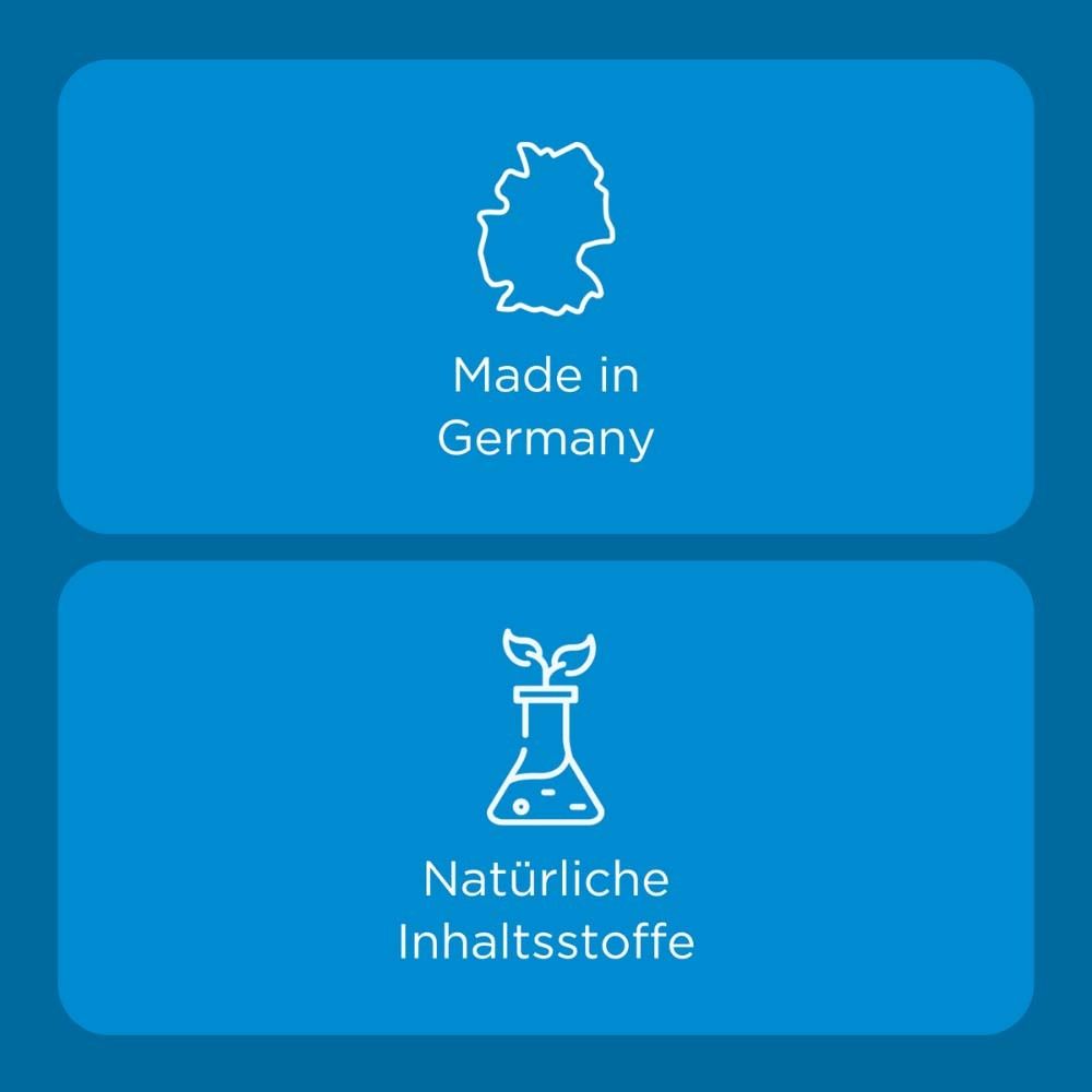 Blauer Hintergrund mit Symbolen. Text: Made in Germany, Natürliche Inhaltsstoffe. Bronchobini Logo.