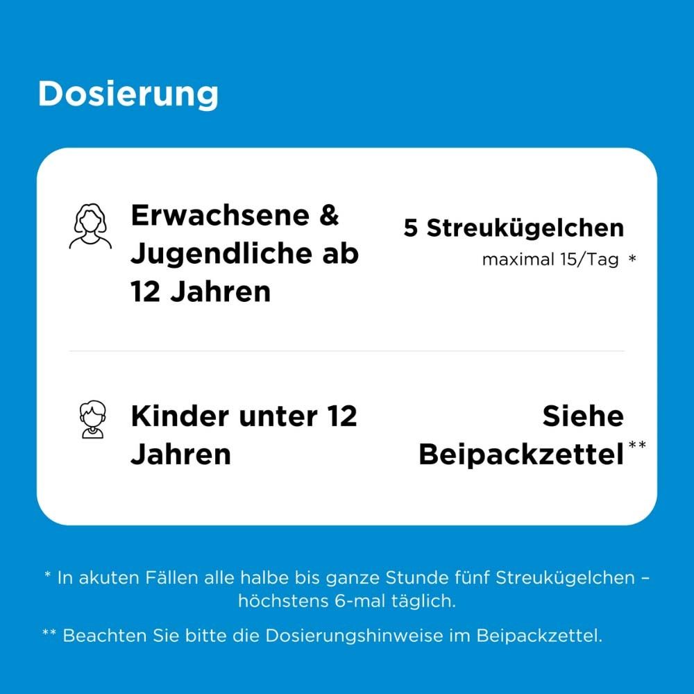Dosierungstabelle. Erwachsene & Jugendliche ab 12 Jahren: 5 Streukügelchen, max. 15/Tag. Kinder unter 12 Jahren: Siehe Beipackzettel.