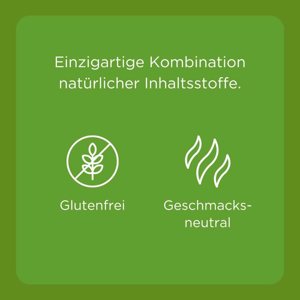 Symbole: Glutenfrei und geschmacksneutral. Text: Einzigartige Kombination natürlicher Inhaltsstoffe.