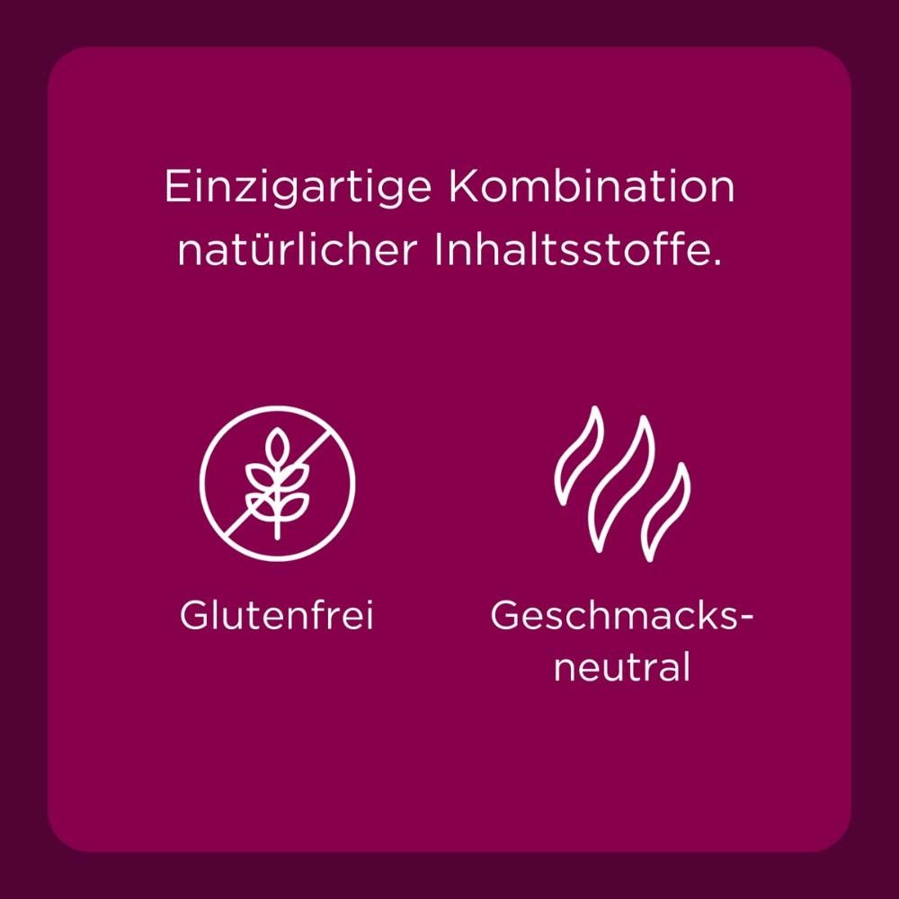 Text auf lila Feld: Einzigartige Kombination natürlicher Inhaltsstoffe. Glutenfrei und geschmacksneutral.