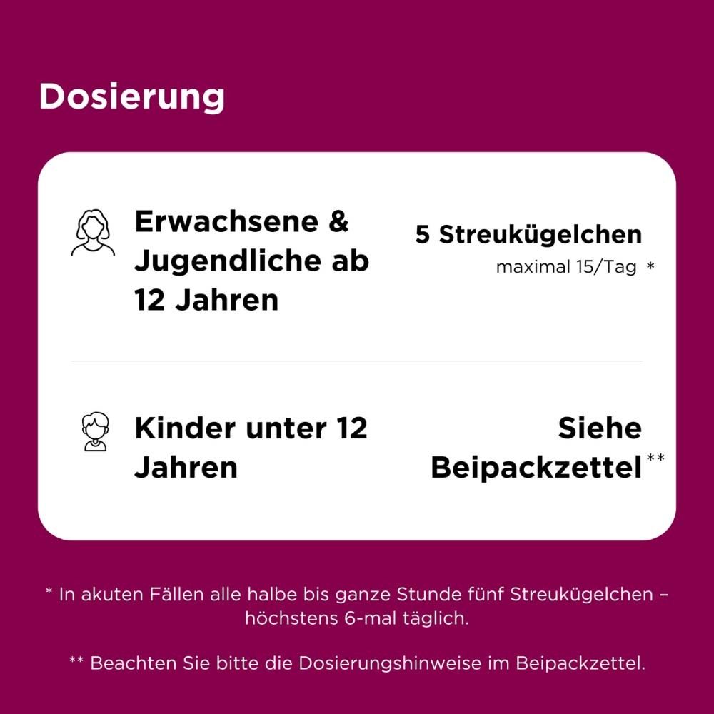 Dosierungshinweise. Erwachsene & Jugendliche ab 12 Jahren: 5 Streukügelchen, max. 15/Tag. Kinder unter 12 Jahren: Siehe Beipackzettel.