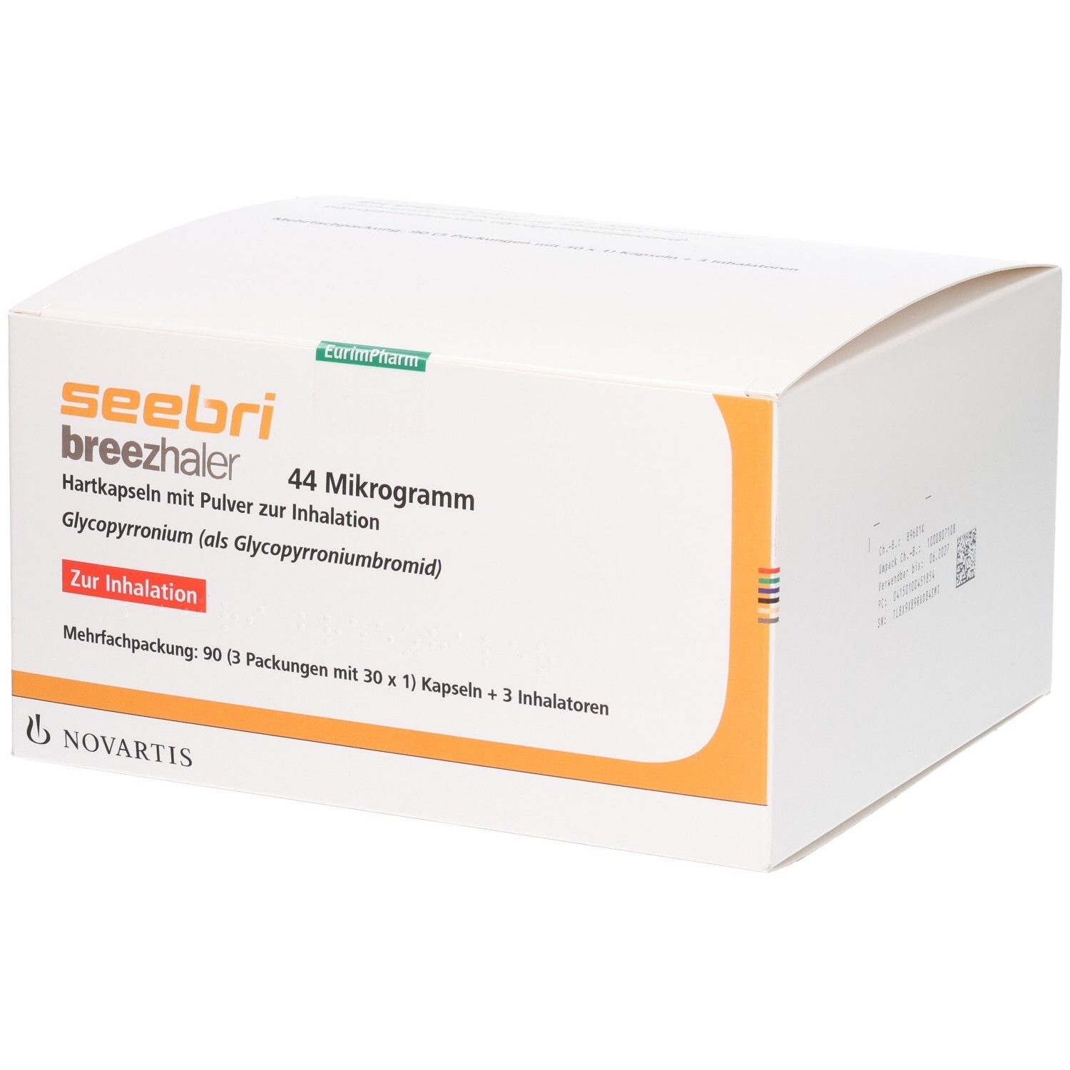 Seebri Breezhaler 44 Mikrogramm Hartkapseln mit Pulver zur Inhalation. Enthält Glycopyrroniumbromid. Packung mit 90 Kapseln und 3 Inhalatoren.