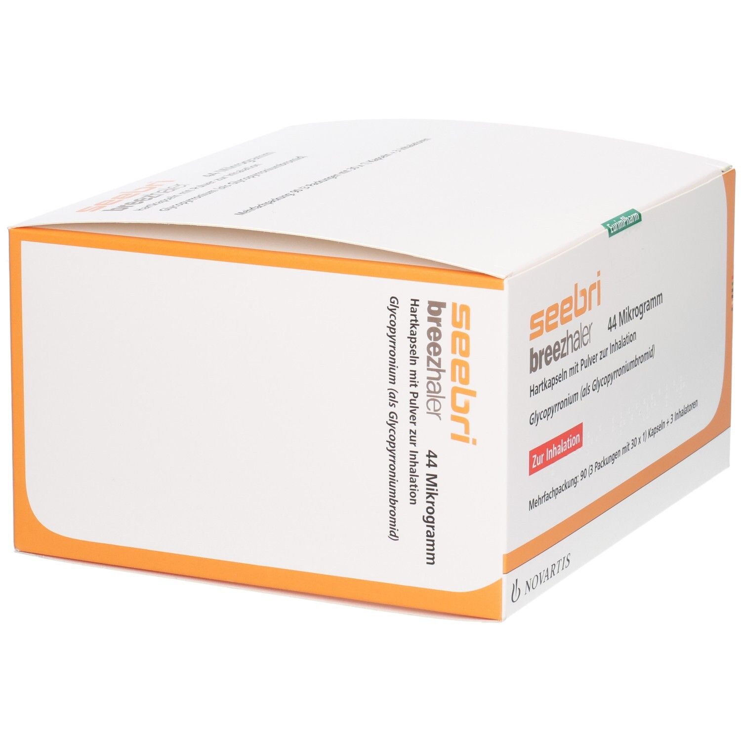 Seebri Breezhaler 44 Mikrogramm Hartkapseln mit Pulver zur Inhalation. Enthält Glycopyrroniumbromid. Packung mit 90 Kapseln und 3 Inhalatoren.
