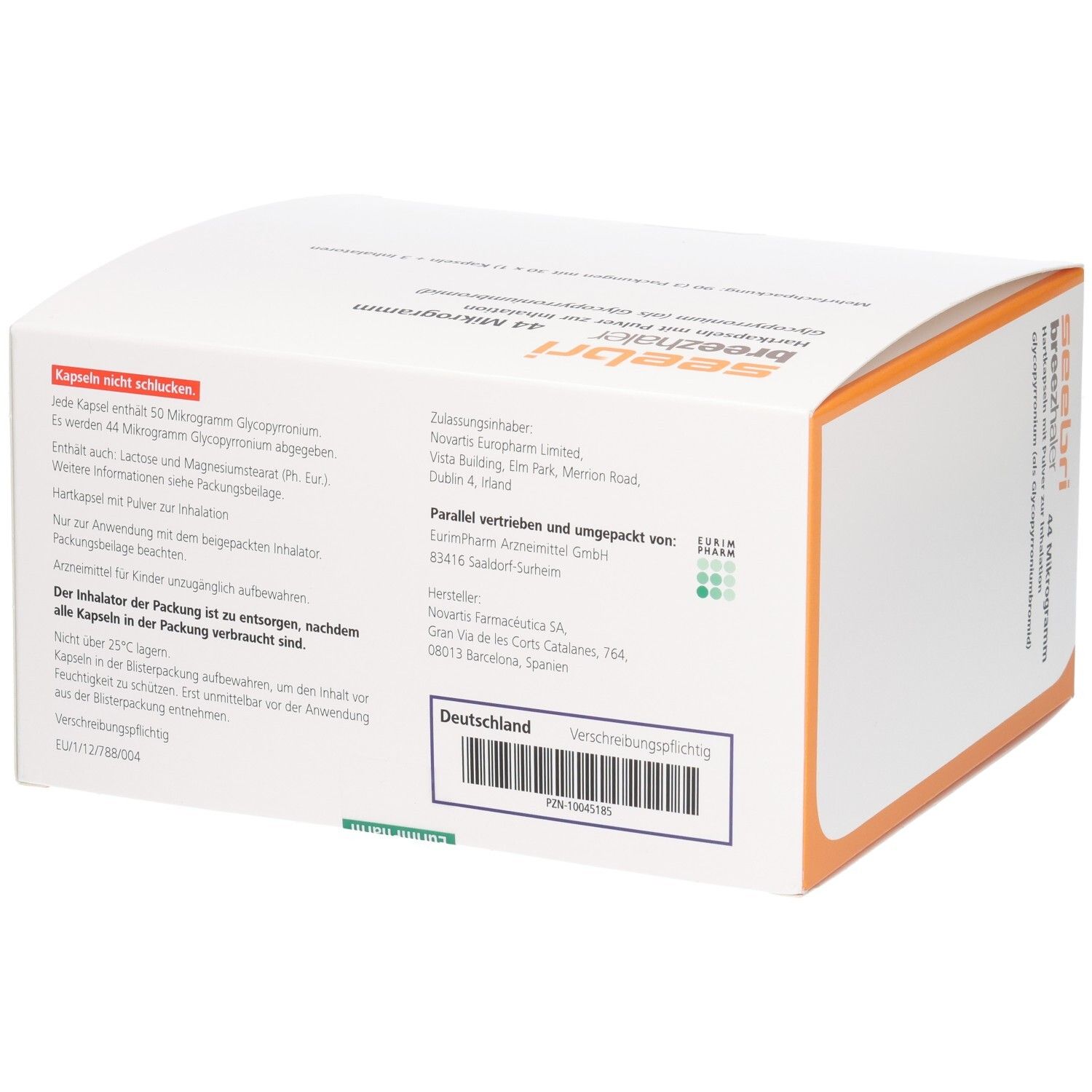 Rückseite der Seebri Breezhaler 44 Mikrogramm Packung. Enthält Informationen zu Inhaltsstoffen und Anwendung.