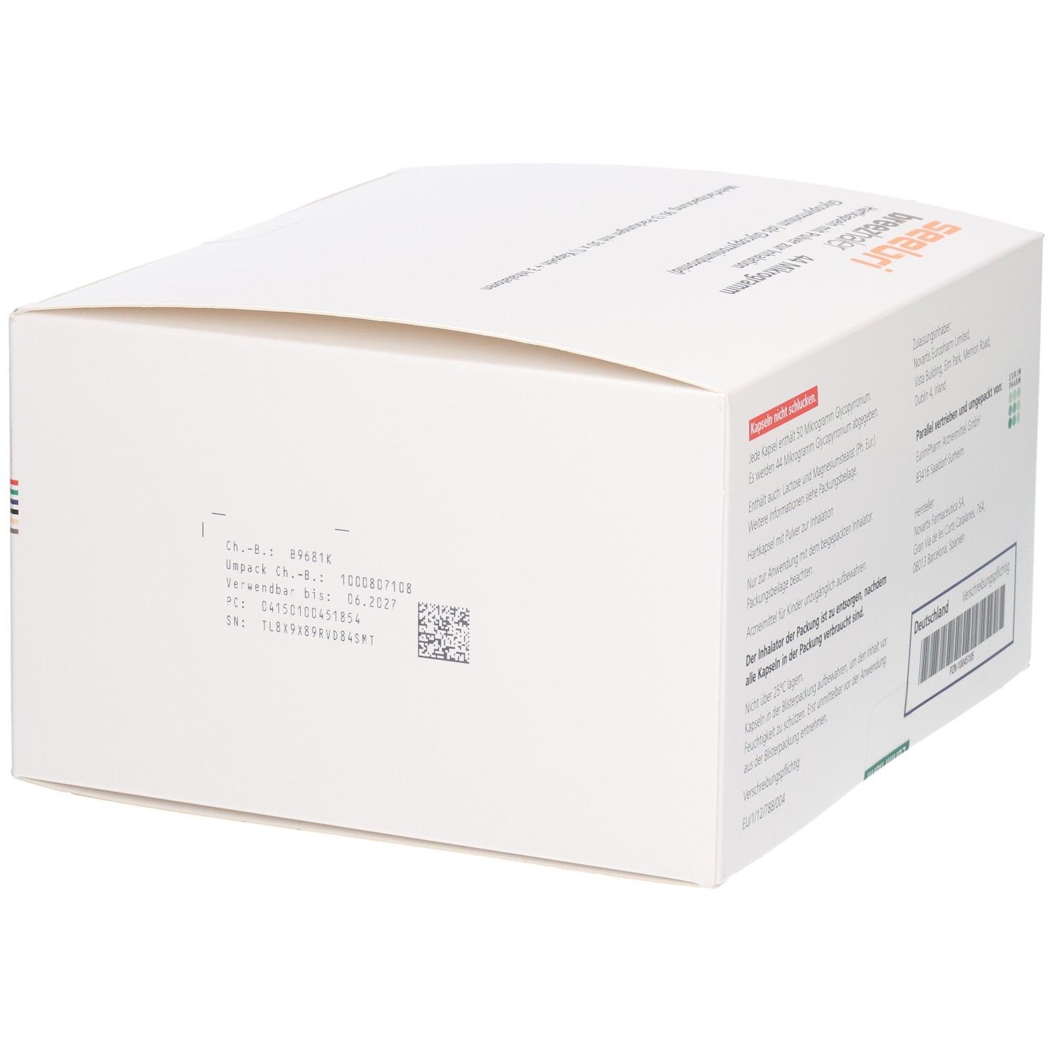 Unterseite der Seebri Breezhaler 44 Mikrogramm Packung mit Chargennummer und Verfallsdatum.