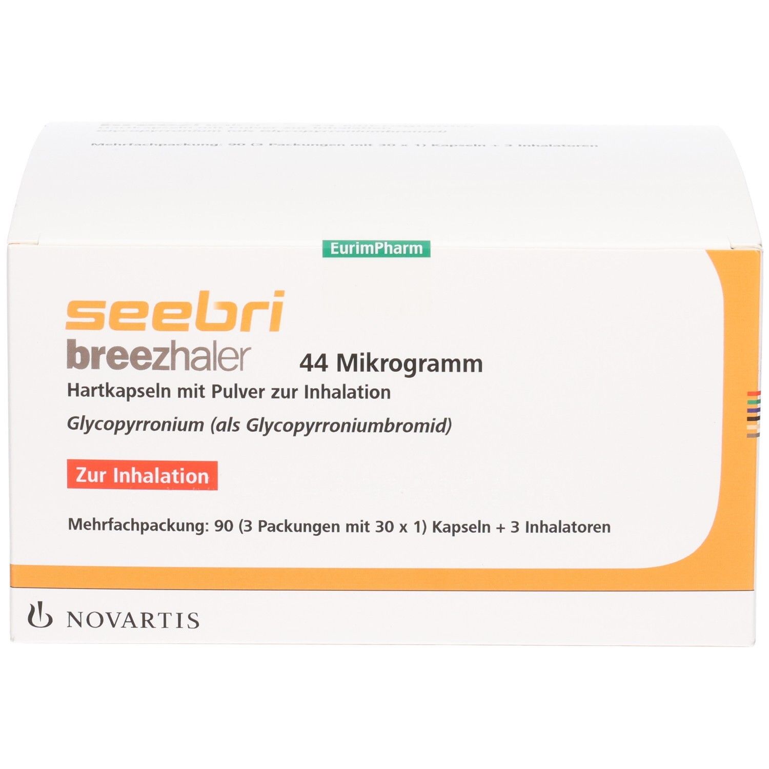 Seebri Breezhaler 44 Mikrogramm Hartkapseln mit Pulver zur Inhalation. Enthält Glycopyrroniumbromid. Packung mit 90 Kapseln und 3 Inhalatoren.