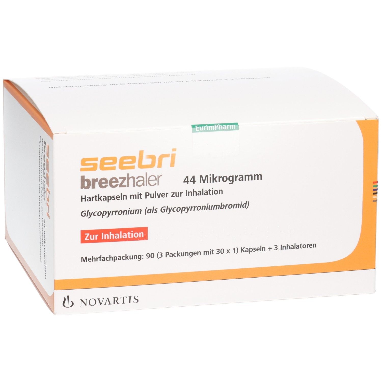 Seebri Breezhaler 44 Mikrogramm Hartkapseln mit Pulver zur Inhalation. Enthält Glycopyrroniumbromid. Packung mit 90 Kapseln und 3 Inhalatoren.