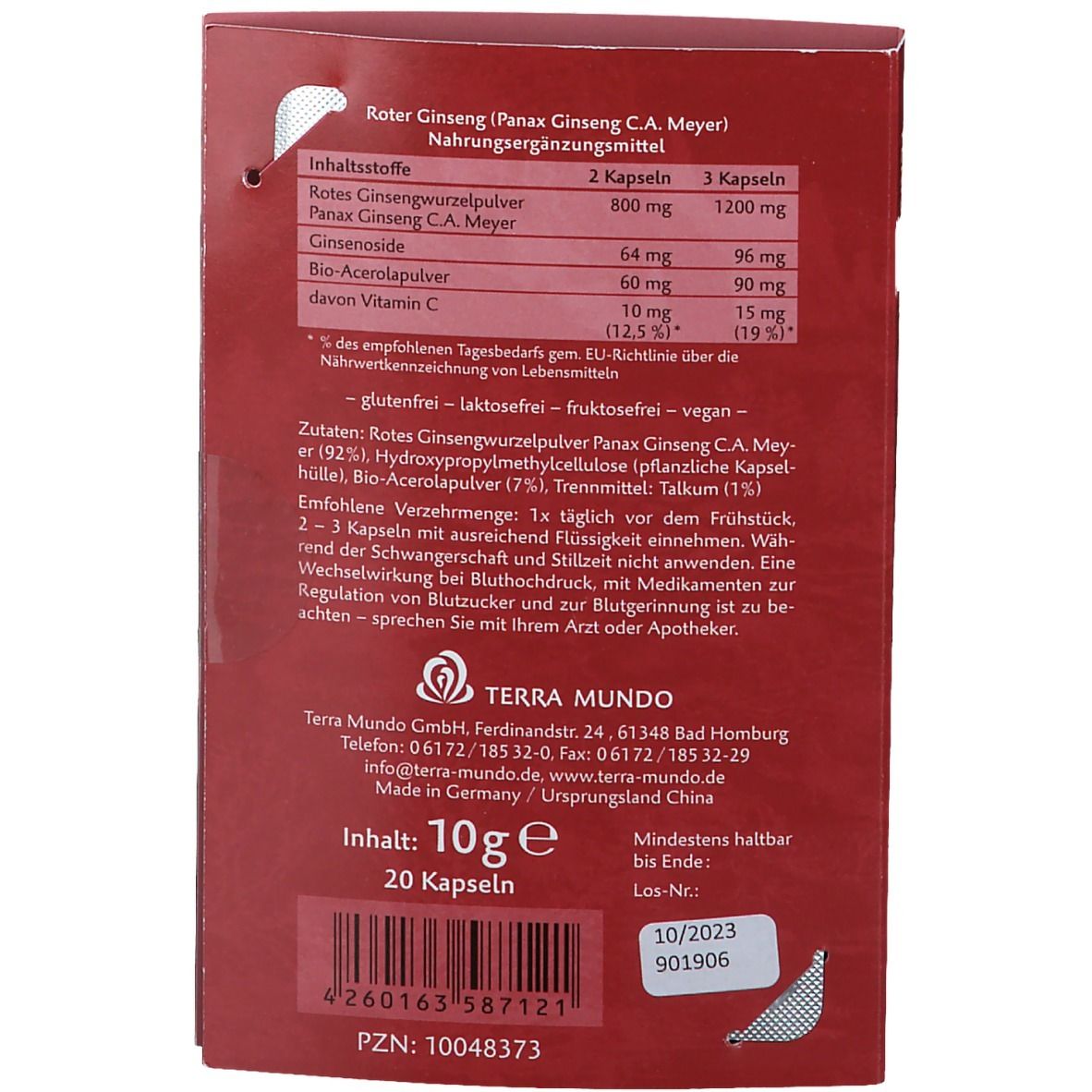 Roter Ginseng 400 mg 8% von Terra Mundo Kapseln 20 St