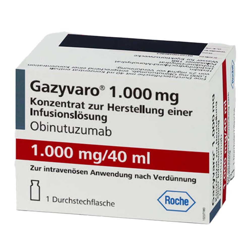 Gazyvaro® 1.000 mg, Konzentrat zur Herstellung einer Infusionslösung. Packung mit einer Durchstechflasche. Marke Roche.