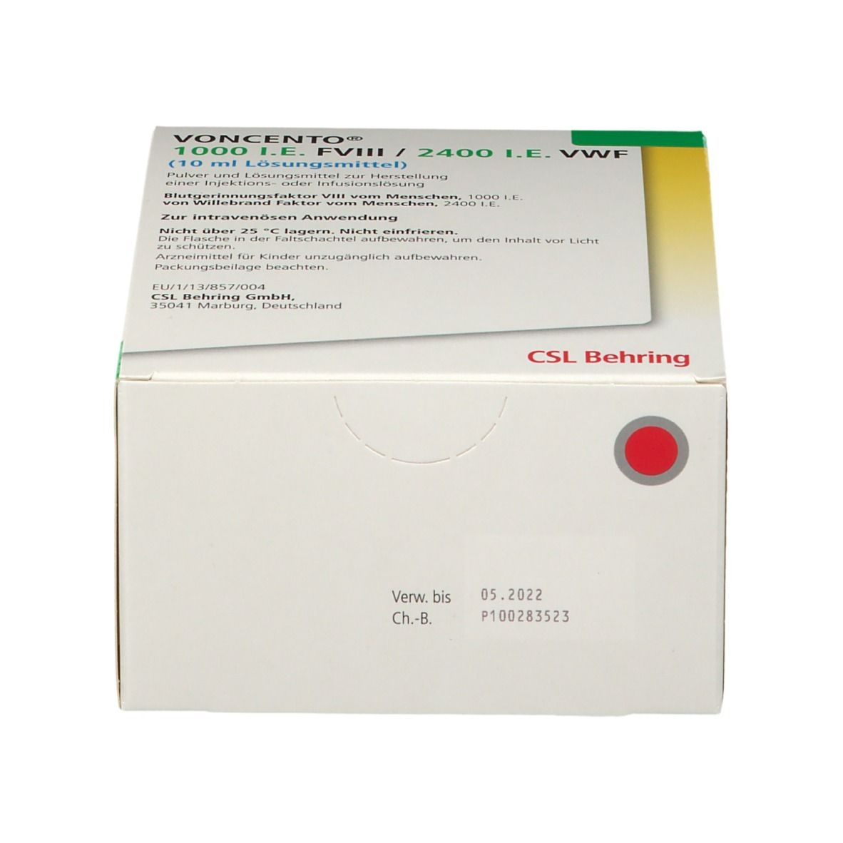 Karton VOCENTO® 1000 I.E./2400 I.E. VWF. Weiß, mit grünen und gelben Akzenten. Text: CSL Behring, 05.2022.