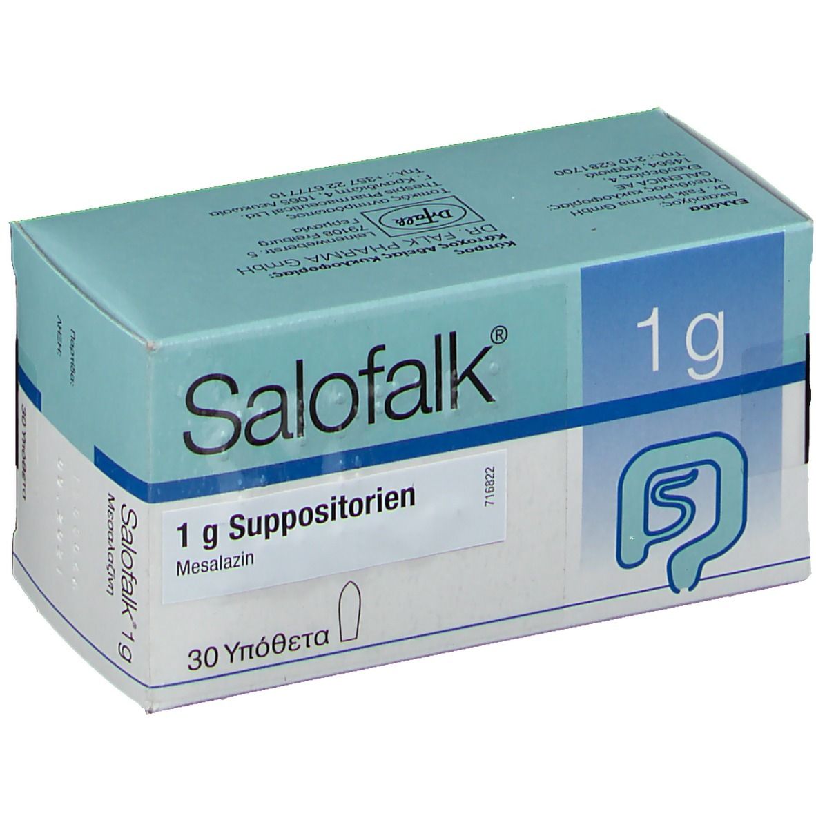 Salofalk 1g Suppositorien Packung mit 30 Stück. Enthält Mesalazin.