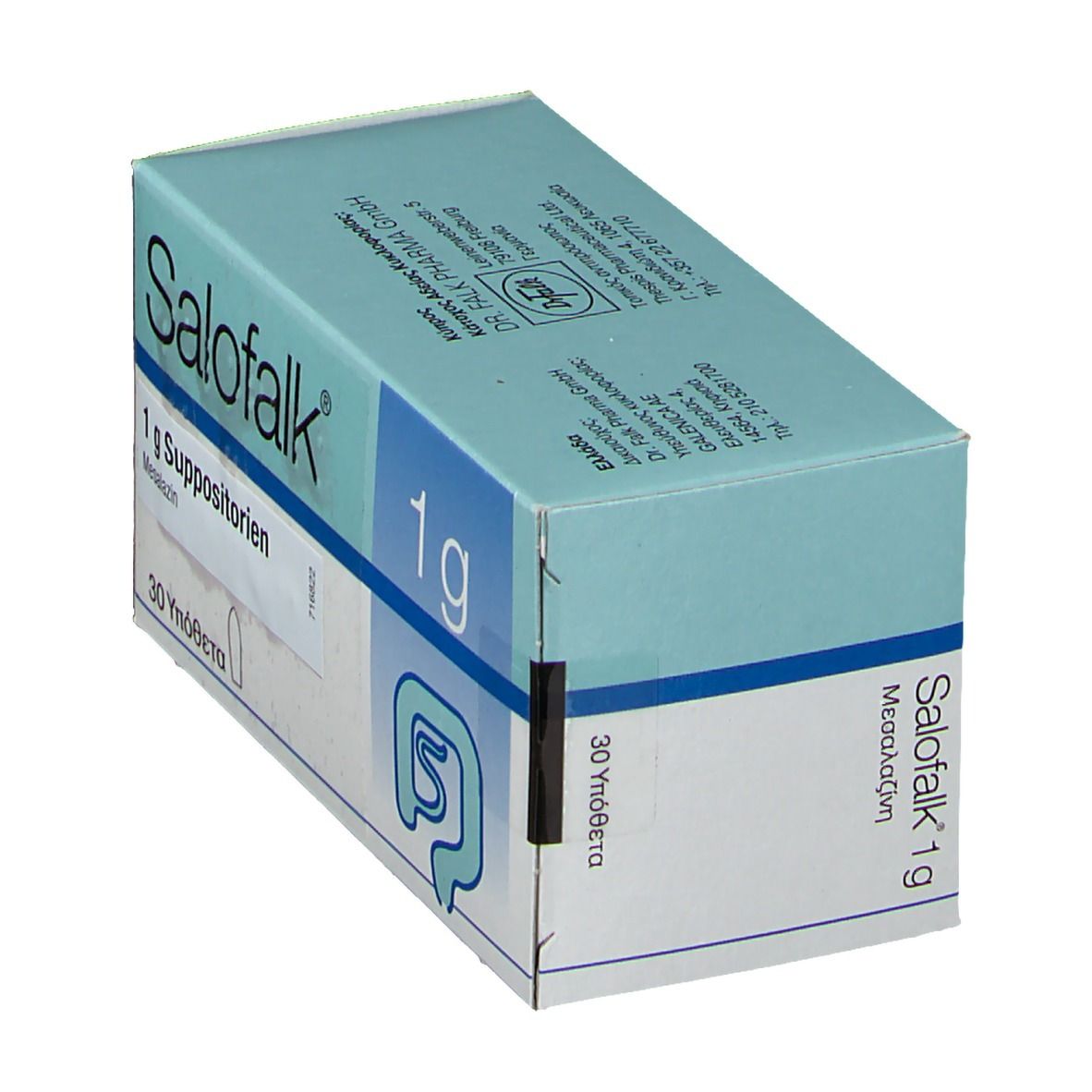 Salofalk 1g Suppositorien Packung mit 30 Stück. Enthält Mesalazin.