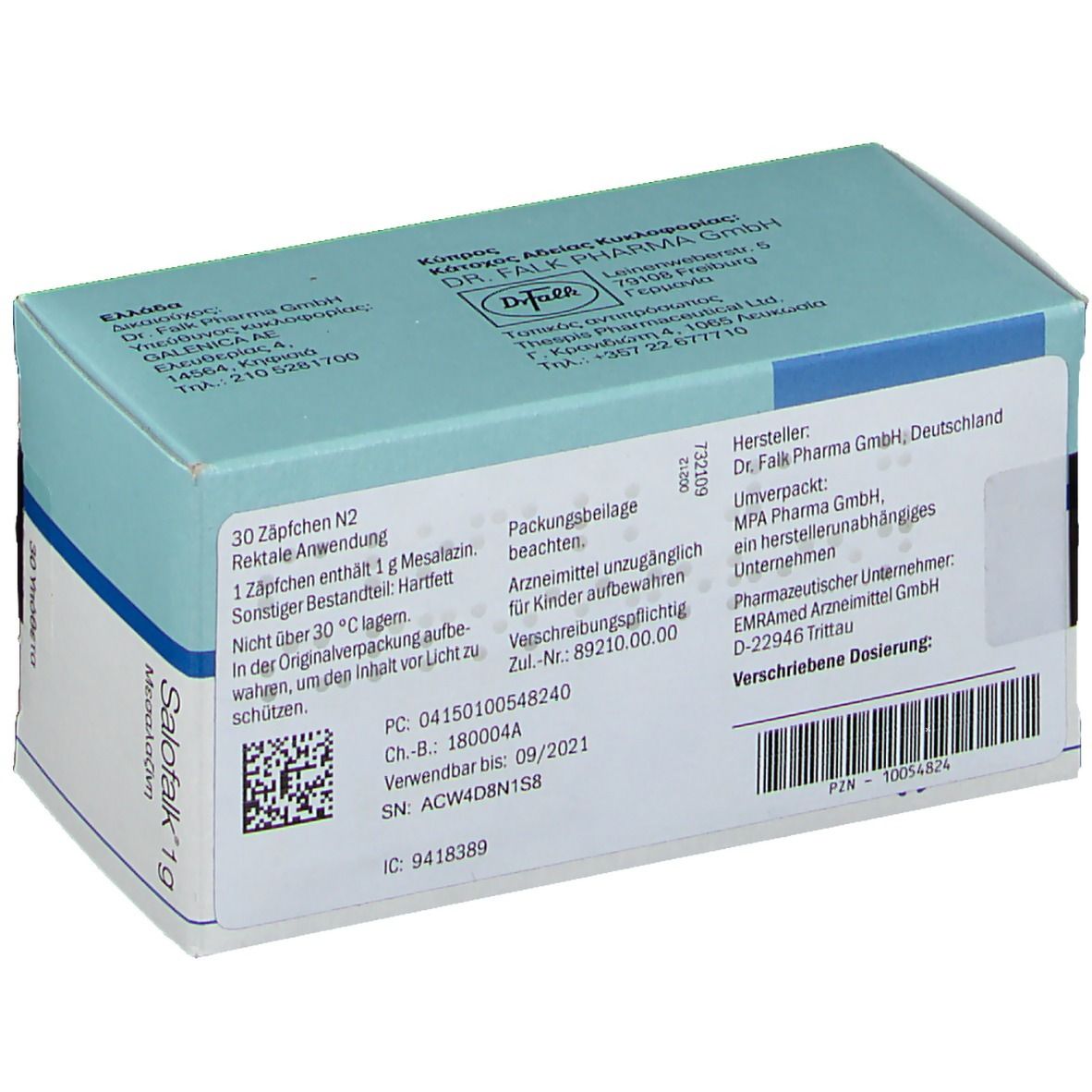 Rückseite der Salofalk 1g Suppositorien Packung. Enthält Informationen zu Inhaltsstoffen und Chargennummer.
