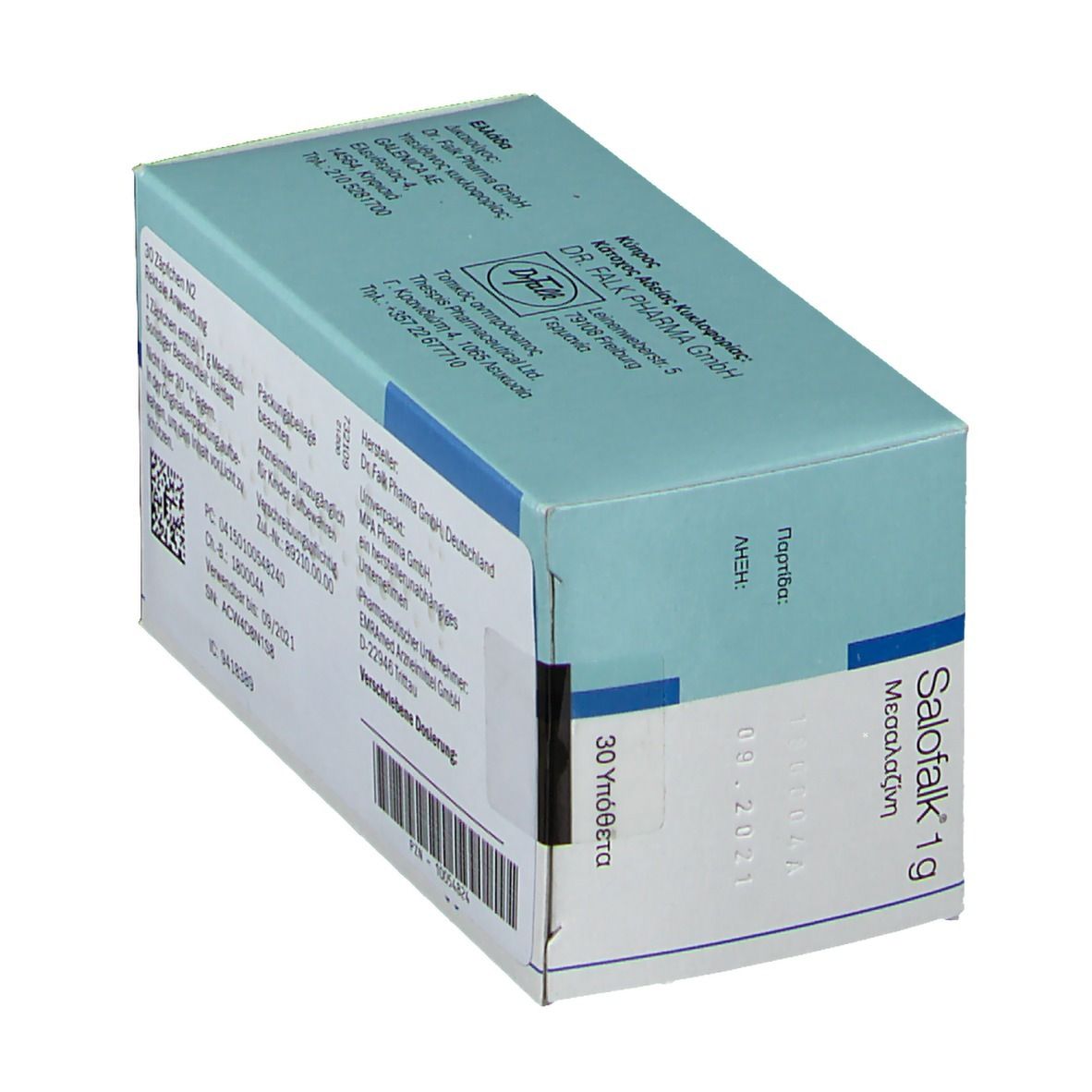 Salofalk 1g Suppositorien Packung mit 30 Stück. Enthält Mesalazin.