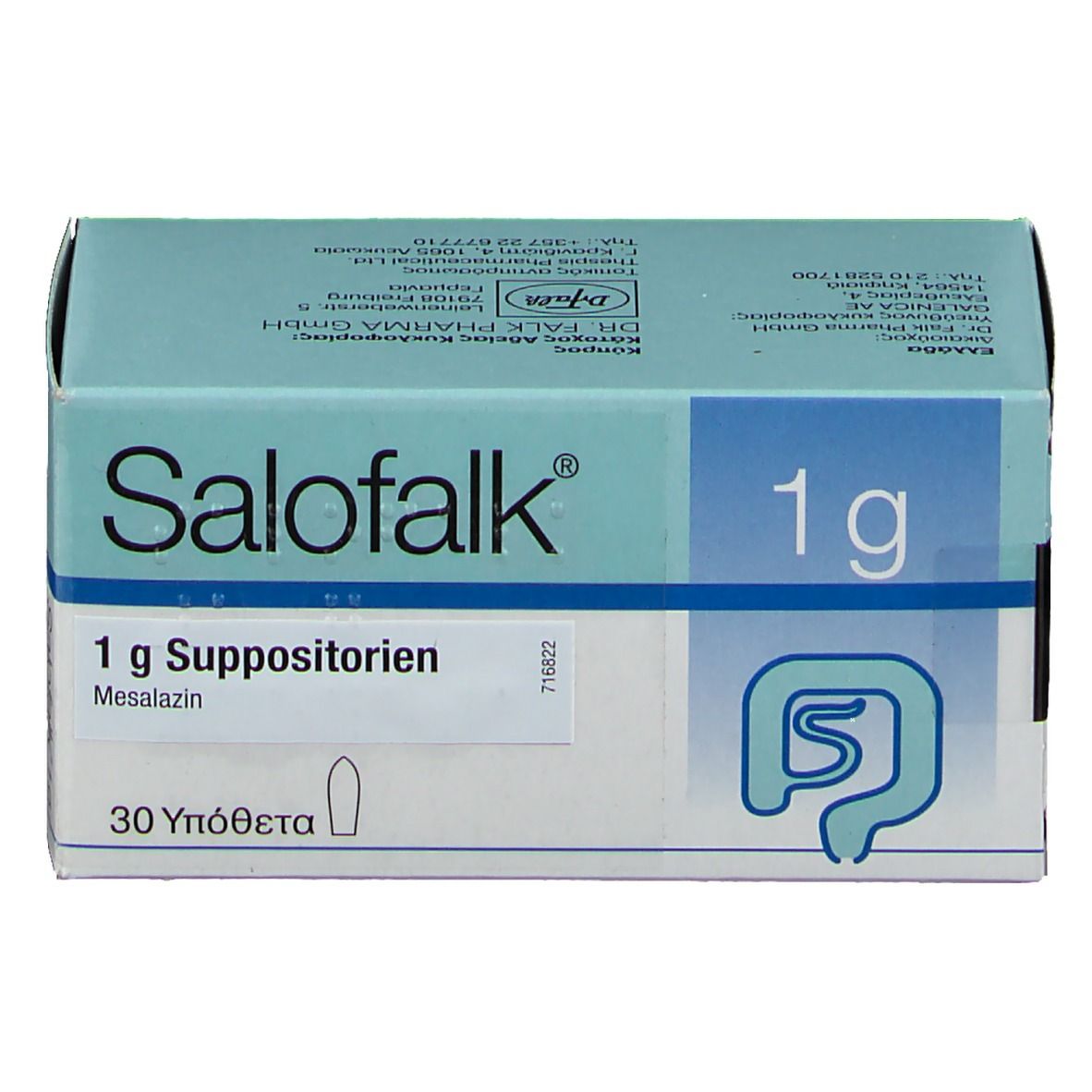 Salofalk 1g Suppositorien Packung mit 30 Stück. Enthält Mesalazin.