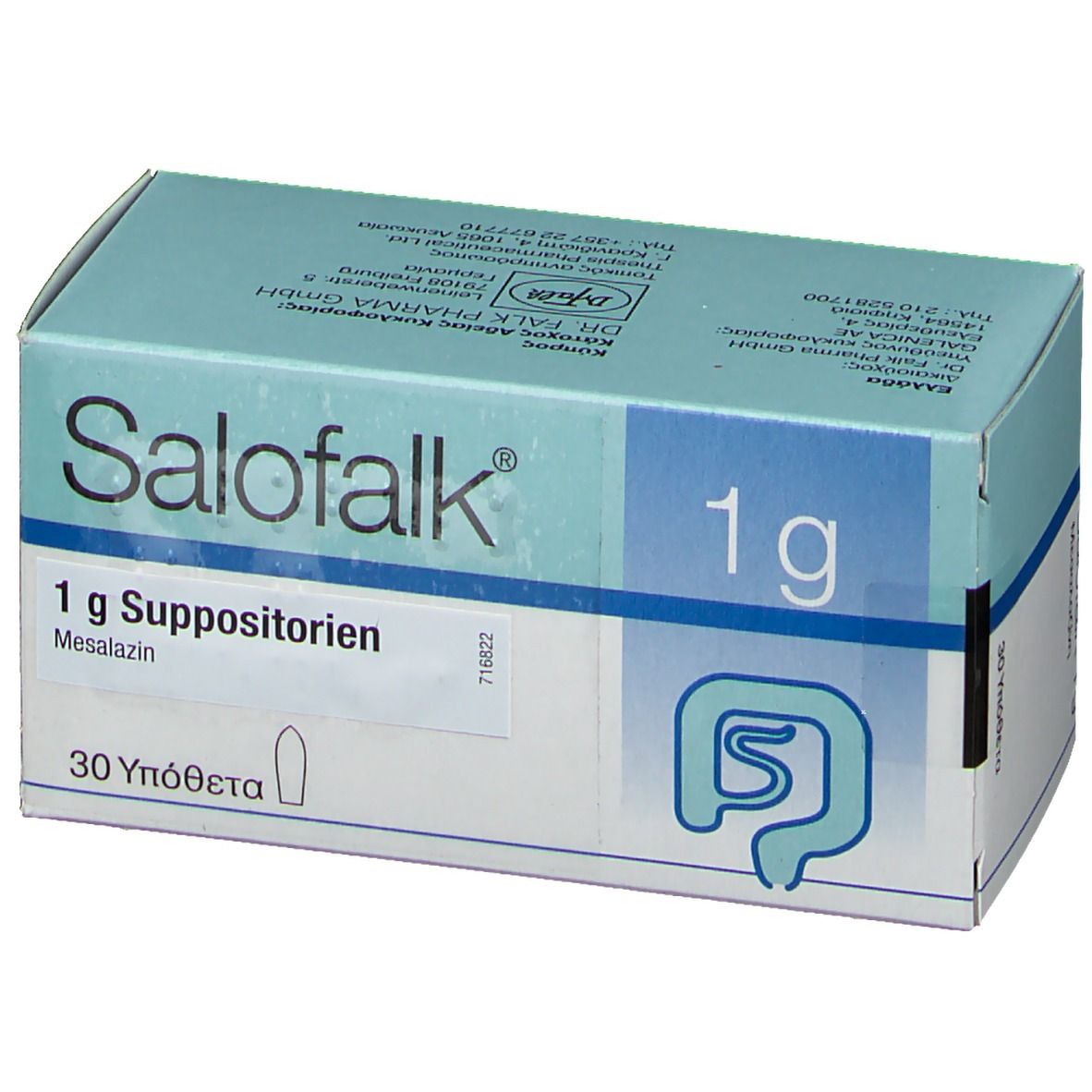 Salofalk 1g Suppositorien Packung mit 30 Stück. Enthält Mesalazin.