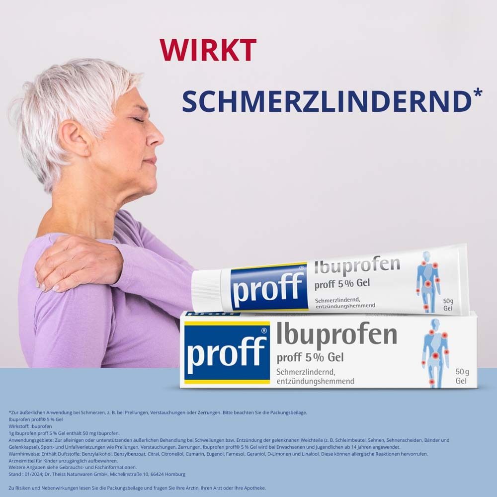 Frau mit Schulterschmerzen. Neben ihr: Tube und Schachtel „proff Ibuprofen 5 % Gel“. Text: „WIRKT SCHMERZLINDERND*“.