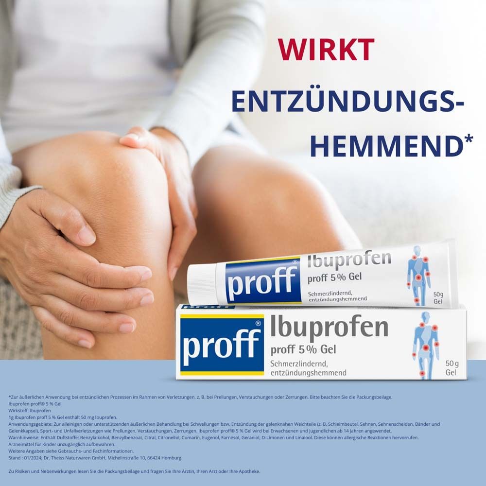 Beine mit Knieschmerzen. Daneben: Tube und Schachtel „proff Ibuprofen 5 % Gel“. Text: „WIRKT ENTZÜNDUNGSHEMMEND*“.