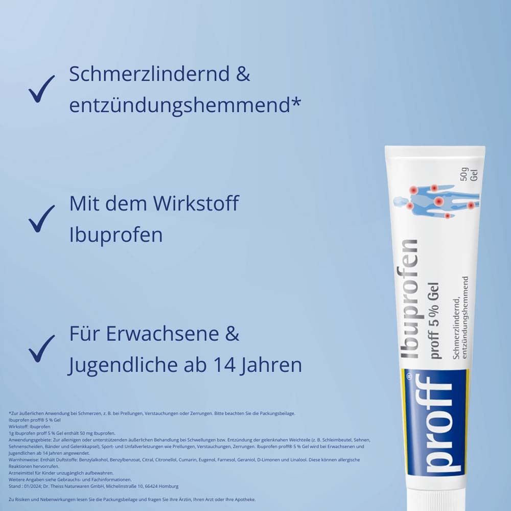 Tube „proff Ibuprofen 5 % Gel“. Text: „Schmerzlindernd & entzündungshemmend*“. „Mit dem Wirkstoff Ibuprofen“. „Für Erwachsene & Jugendliche ab 14 Jahren“.