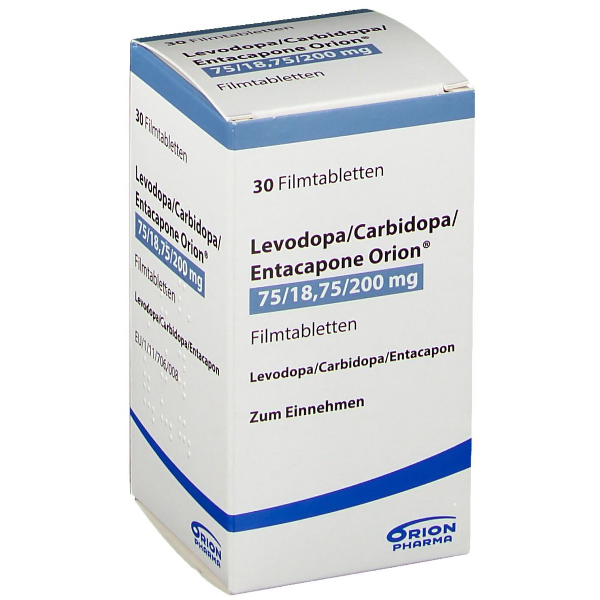 Schachtel mit Tabletten. Aufschrift: Levodopa/Carbidopa/Entacapone Orion 75/18,75/200 mg. 30 Filmtabletten. Orion Pharma Logo.