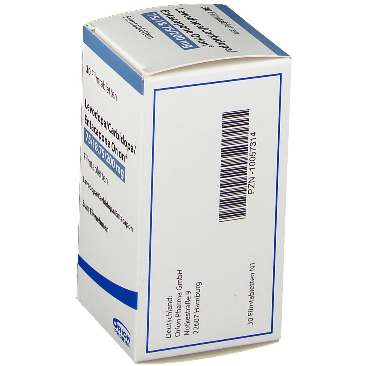 Rückseite einer Tablettenschachtel. Aufschrift: Levodopa/Carbidopa/Entacapone Orion 75/18,75/200 mg. Barcode und Herstellerinformationen.