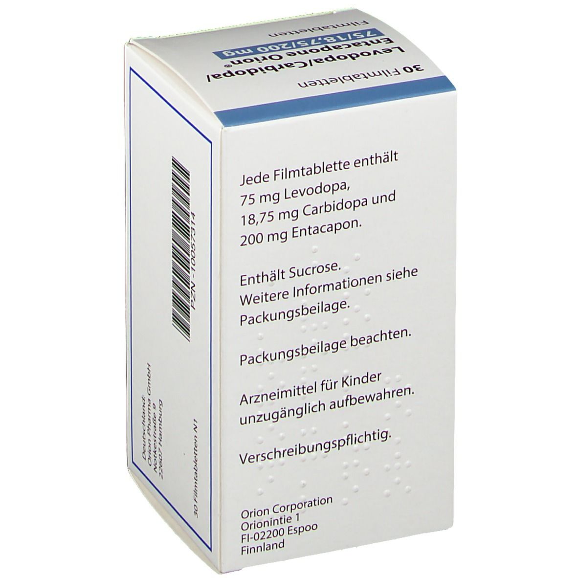 Tablettenschachtel mit Text. Enthält Informationen zu Inhaltsstoffen und Warnhinweisen. Herstellerinformationen und Anschrift.